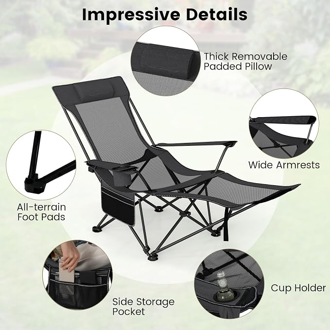 GYMAX Reclining Camping Chairs with Footrest, Lightweight Foldable Camping Chairs with Cup Holders, Adjustable Backrest, Headrest, Heavy Duty Camp Chair for Adult Outdoor Fishing Beach (Grey,2)