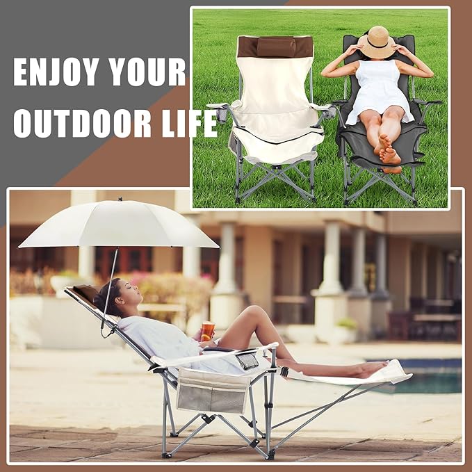 Yuntau 2 Set Reclining Beach Chairs with UPF 50+ Umbrellas Shade, Upgraded Heavy Duty Portable Folding Lounge Camping Chair with Canopy Removable Footrest & Headrest for Outdoor Patio(Grey, White)