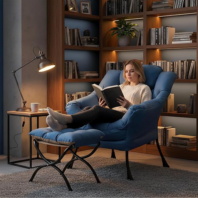 Furlide Lazy Chair with Ottoman, Modern Lounge Chair with Lumbar Pillow, Accent Cozy Reading Armchair and Folding Footstool for Bedroom, Dorm, Living Room,Peacock Blue