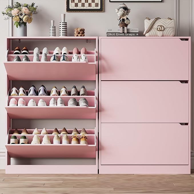 Xixini Shoe Storage Cabinet for Entryway with 3 Flip Drawers, Sturdy Wood Hidden Shoe Storage, Freestanding Narrow Slim Shoe Organizer for Front Door Entrance, Living Room, Hallway, Bedroom, Pink