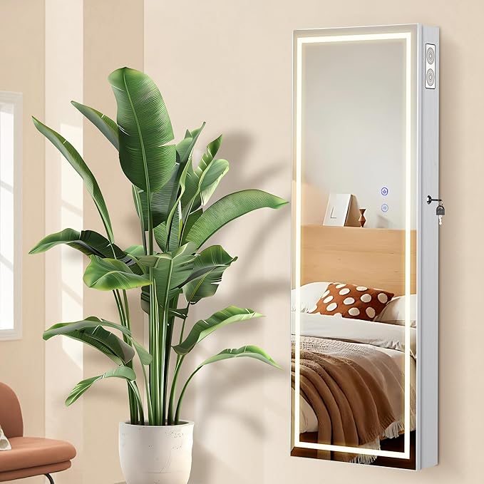 LED Mirror Jewelry Cabinet with Bluetooth Speaker ,Door/Wall Mounted,Equipped with Three Color Light Strips,Full-Length Illuminated Mirror,Jewelry Storage Function