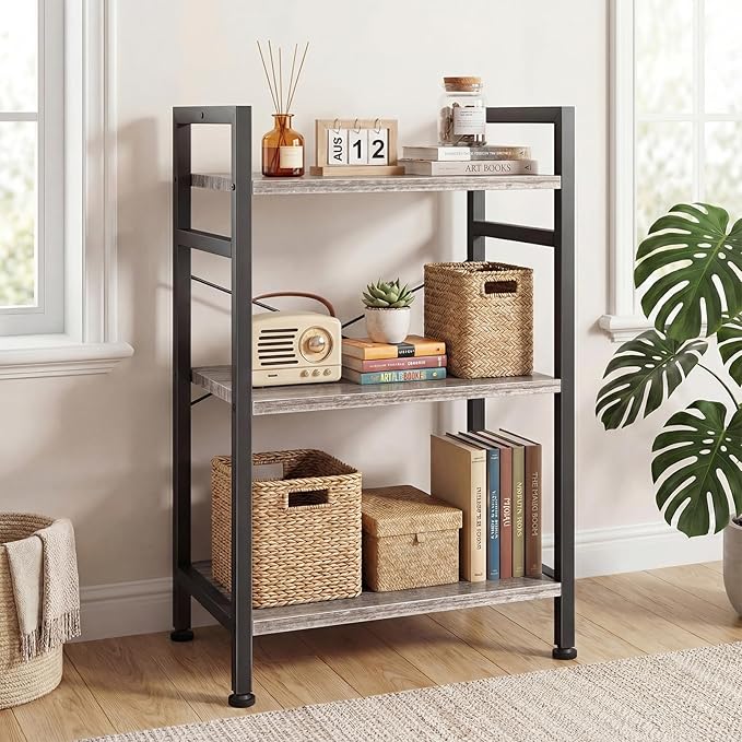 DUMOS 3 Tiers Open Bookshelf, Classic Freestanding Tall Display Shelf, Multifunctional Storage Organizer Rack for Living Room Home Office, Sturdy Bookcase for CDs/Books/Movies, Wood Grey