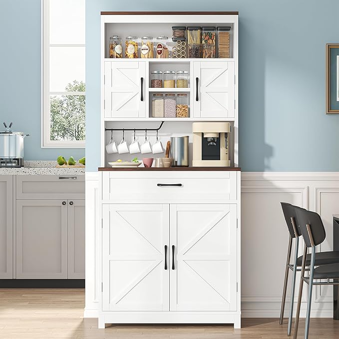 Saudism 70" Tall Farmhouse Kitchen Pantry Cabinet, Wooden Storage Cupboard with Barn Doors, Drawers & Cup Holder, Microwave Stand for Dining Room, White
