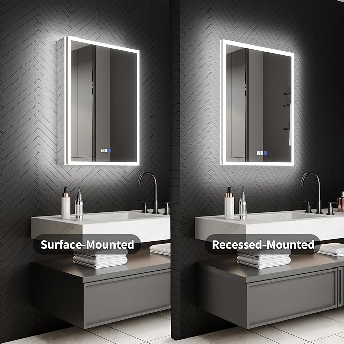 ExBrite 24 x 32 Lighted Medicine Cabinet with Mirror, Front&Backlit led Medicine Cabinet,Defog,5X Magnifier,3 Colors Temper Dimmable,Surface or Recessed Mount,Hinge on the Right