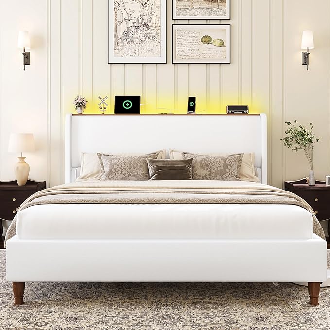 LARMACE King Size Bed Frame with LED Lights and Charging Station Linen Upholstered Platform Bed Frame with 51.2" Tall Wingback Headboard and Storage Shelf, No Box Spring Needed, Easy Assembly, Cream