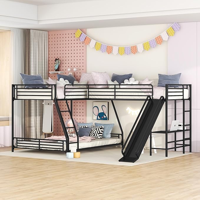 Bellemave Triple Bunk Beds, L-Shape Twin Over Full Bunk Bed Attached a Loft Bed with Desk, Triple Bunk Beds with Slide, Metal Corner Bunk Bed Frame for Three Kids Boys Girls Teens, Black