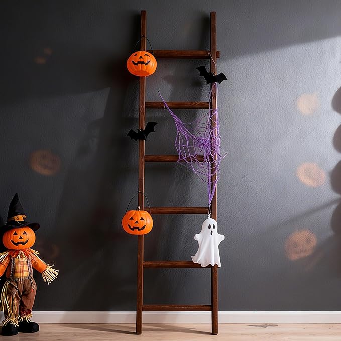 Wooden Blanket Ladder - Natural & Motley Wood - Leaning Wall Decor for Bedroom, Bathroom, Living Room - Rustic Quilt Holder & Towel Rack (Walnut Color, 76in(6-Tier))
