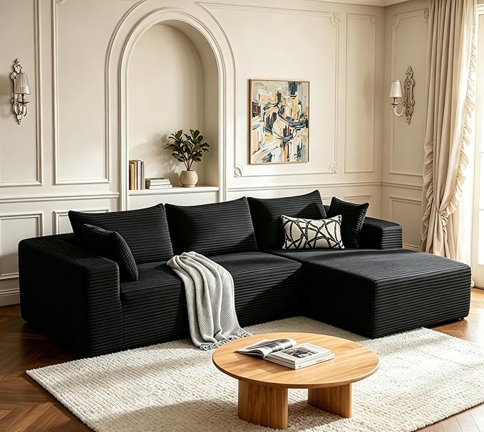 Mangodan 110” Cloud Sectional Couch, Boneless Sofa for Living Room, Modular Sectional Sofa with Deep Seat, Comfy Fluffy Couch with L-Shaped Chaise, No Assembly Required (Right-Facing Chaise, Black)