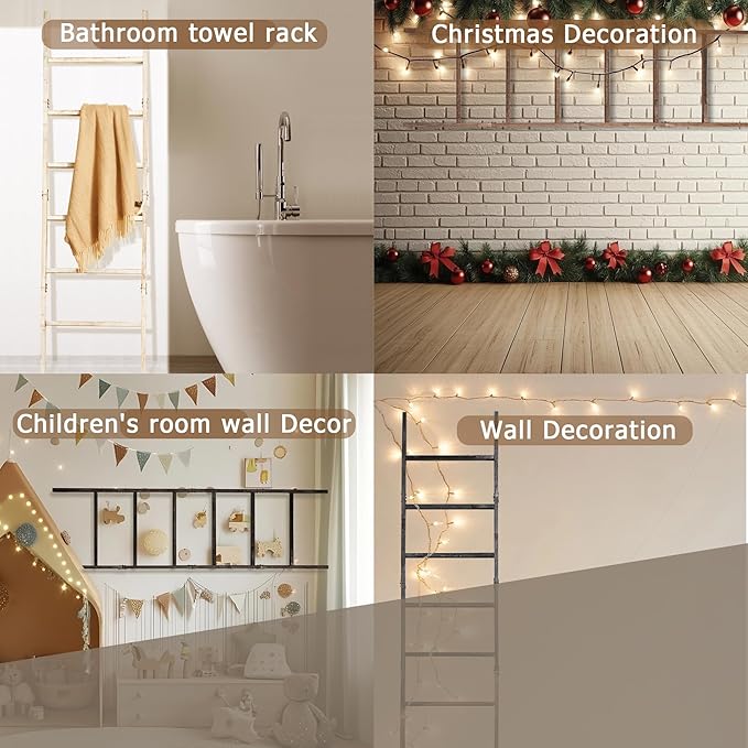 Blanket Ladder for The Living Room 6-Tier, Wooden Decorative Quilt Holder for Bed Room, Wall-Leaning Wood Towel Rack for Bathroom,Rustic Farmhouse Ladders for Display.(Black Wash)