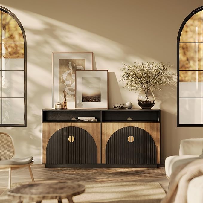 BELLEZE 65-inch Fluted Sideboard Buffet Cabinet with Open Shelf, Mid Century Modern Sideboard with Adjustable Shelves & Cable Management, Wooden Accent Cabinet for Dining Room, Living Room - Camel