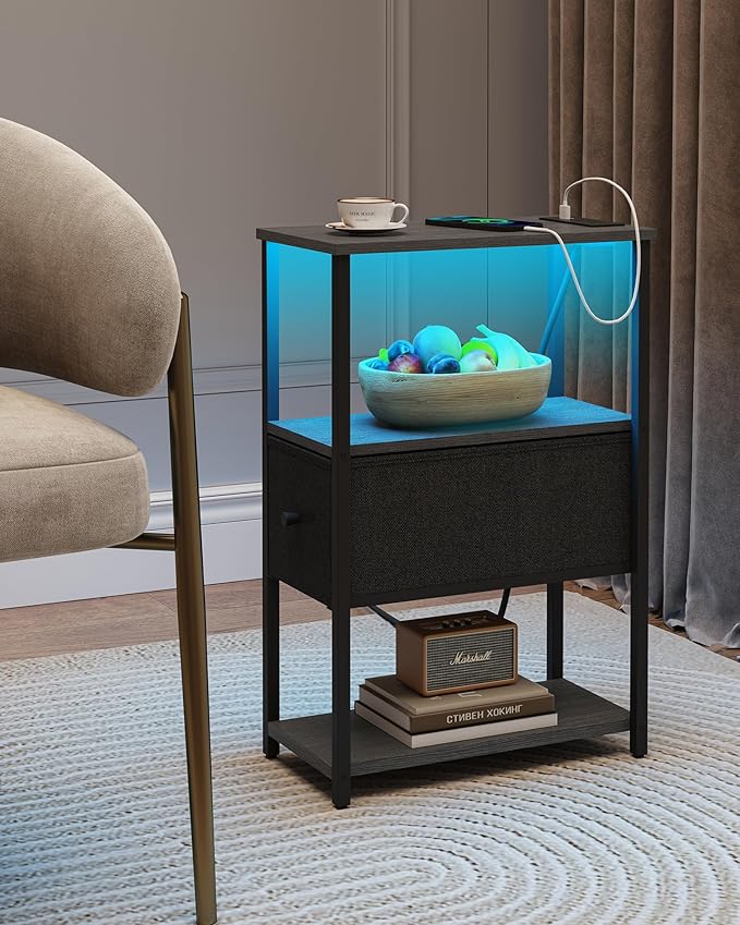 TUTOTAK Small Narrow LED End Table with Charging Station, Side Table Outlets, Nightstand with Cloth Drawer, Set of 2, Couch Table, for Living Room, Bedroom, Bedside, Charcoal Grey TB01BY059
