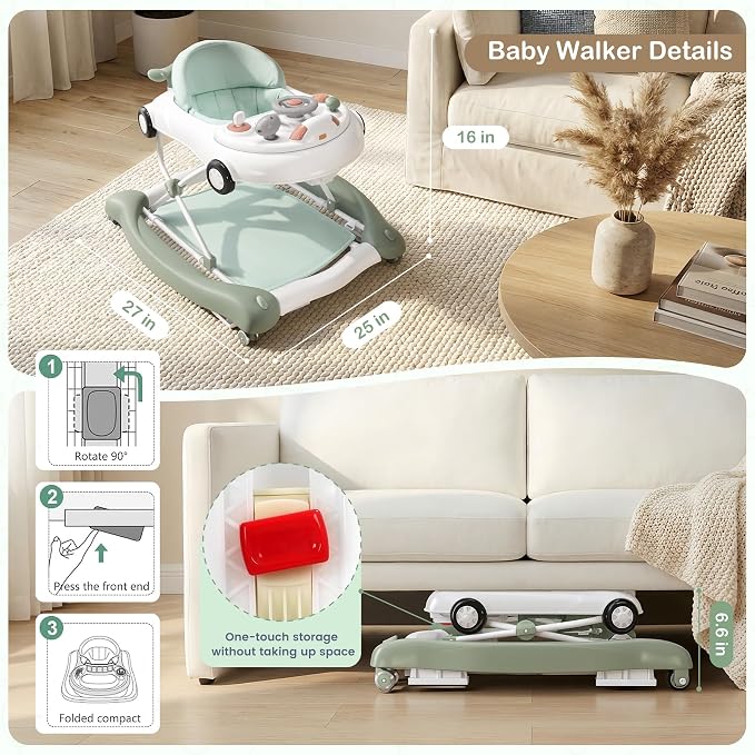 Baby Walker, 5-in-1 Baby Walker for Boys and Girls with Bouncer, Removable Footrest, Music, Foldable & Adjustable Speed Wheels Activity Walker for 6-18 Months Toddler Infant(Mint)