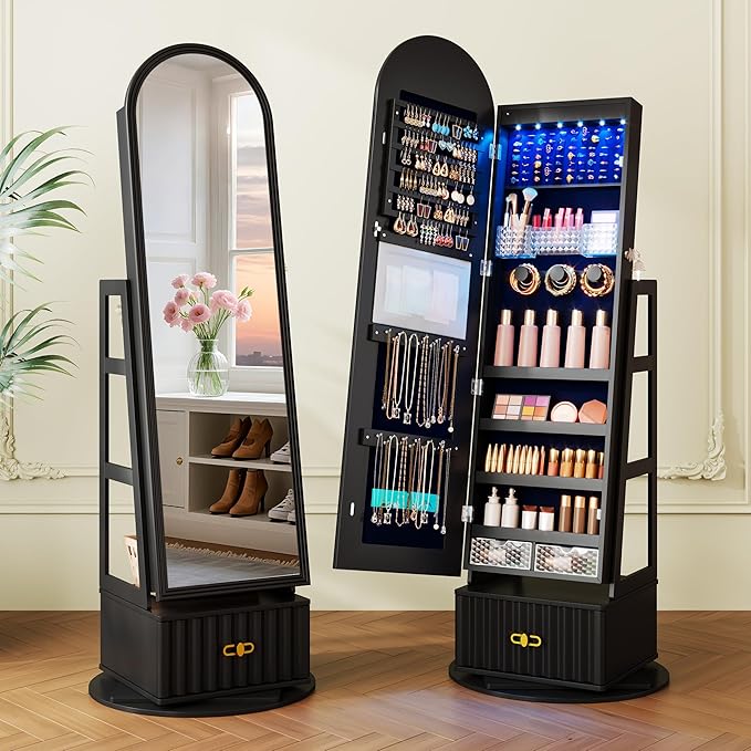 Vlsrka 6 LEDs Mirror Jewelry Cabinet, 360° Swivel Full Length Mirror with Storage, Lockable Jewelry Armoire Cabinet Standing, Large Drawers Jewelry Organizer Mirror, Gift Idea for Women, Black