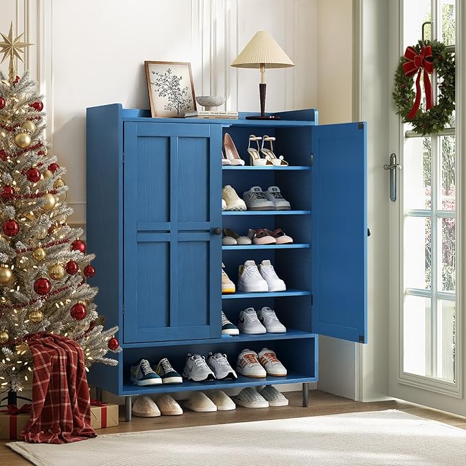 ComfyCorner Blue 7+1 Tier Farmhouse Shoe Storage Cabinet - 45" Tall Entryway Organizer with Cross Molding Doors, 3 Adjustable Shelves & Metal Legs, Shoe Rack for Front Door Entrance