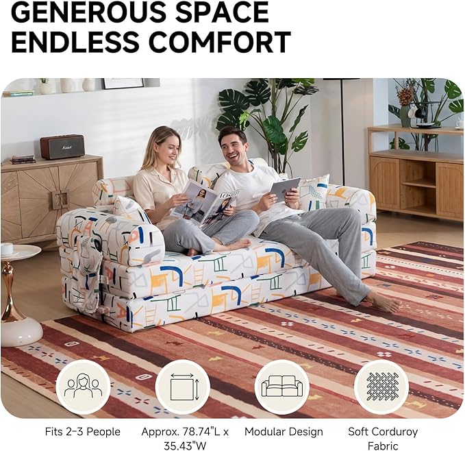 79" Convertible Boneless Couch for Small Spaces, 6-in-1 Corduroy Sofa Bed with High Backrest, Pillows, High-Density Foam Loveseat Sleeper Couch in a Box for Living Room, No Assembly, Graffiti C