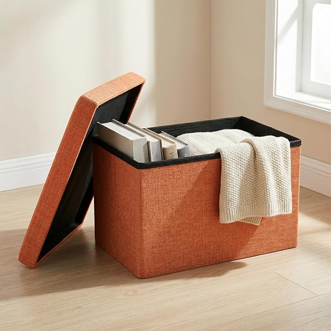 HOZEON 3 Pack 15.7 x 9.8 x 9.8 Inches Folding Storage Ottoman, Orange Rectangle Footrest Seat, Multifunctional Foot Stool for Living Room, Office, Traveling, Fishing, Camping
