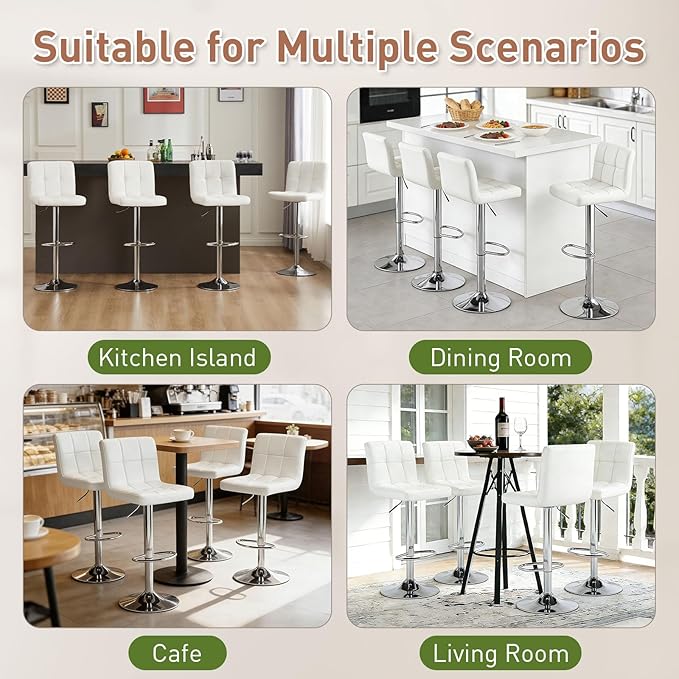 Sweetcrispy Bar Stools Set of 2, Armless PU Leather Adjustable Swivel Barstools, Hydraulic Kitchen Counter Height Thickened Seat Cushion Square Island Countertop Chairs with Back, White