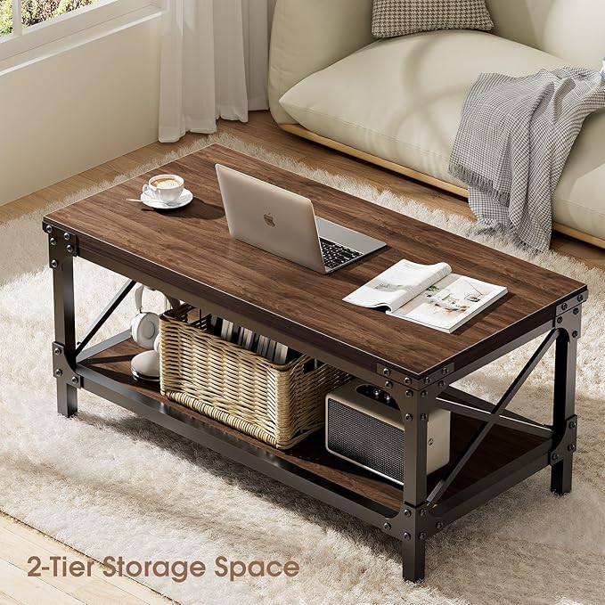 Rectangle Coffee Tables for Living Room, Wood Rectangular Coffee Table, 2 Tier Dark Brown Modern Center Table with Thickened Tabletop and Metal Frame, 40 inch Long (Walnut)