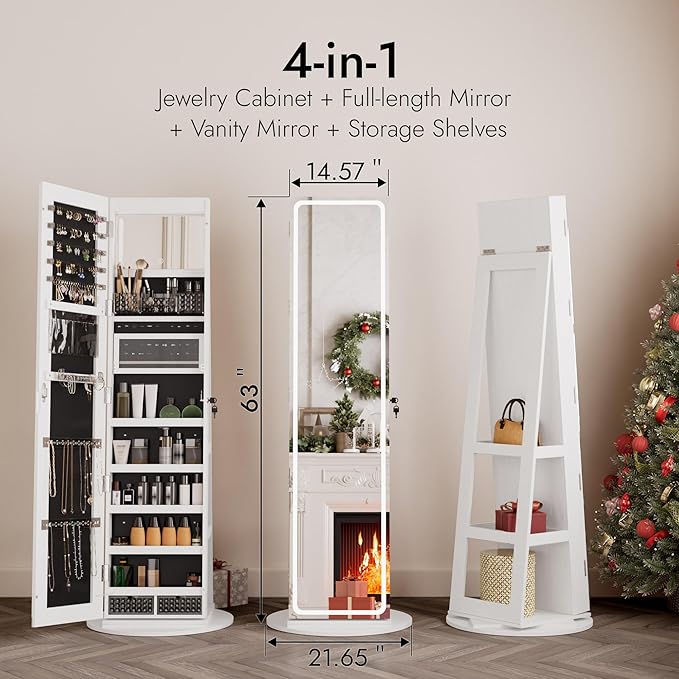 Zamildon's LED Mirror Jewelry Armoire, 360 Swivel Full Length Mirror Jewelry Cabinet, Freestanding Mirrored Jewelry Organizer with Interior LED Lights & Storage Shelves, White