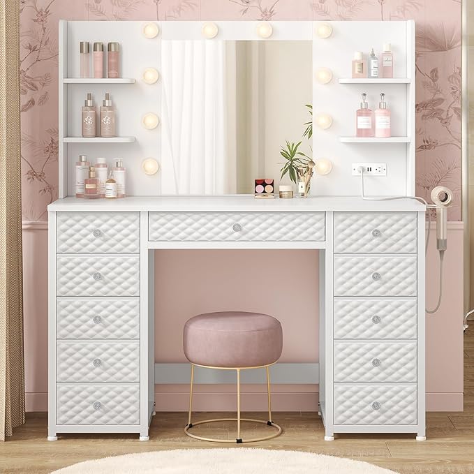 HAUOMS Vanity with Lights and Mirror, 11 Drawer Makeup Vanity with Power Strip, 6 Open Shelves, 43.3” Vanity Desk with Storage, Dressing Table with 3 Color Modes for Bedroom, Women, Girls (White)