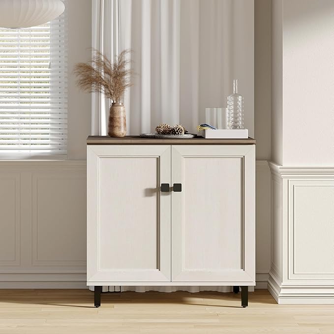 FENSULN Buffet Sideboard Cabinet Farmhouse Modern 2 in 1 Storage Cabinet with Adjustable Shelves for Kitchen, Coffee Bar, Living Room, White