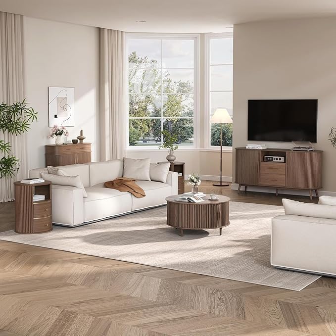 JOINICE Round Coffee Table and End Table Set,31.5" Mid Century Modern Living Room Furniture, Walnut Fluted Center Table with Storage & Matching Side Table for Small Space