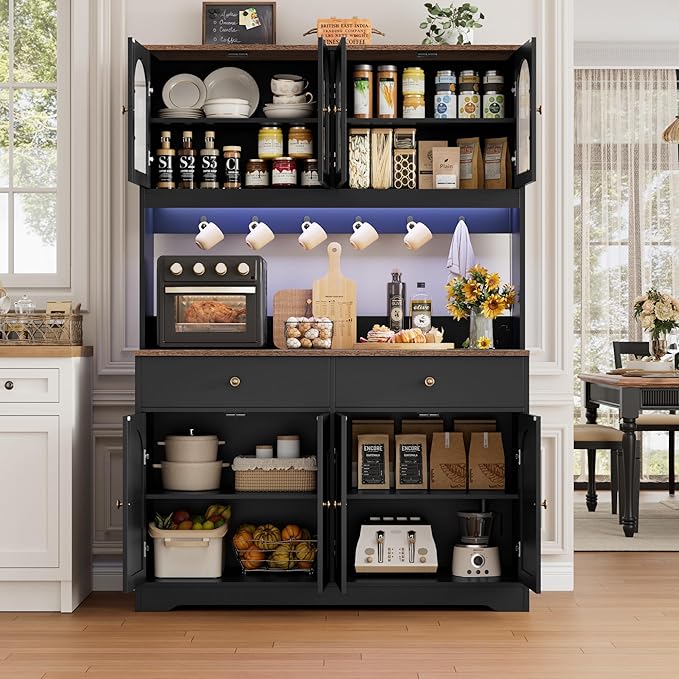 HIFIT 71" LED Kitchen Pantry Cabinet with Power Outlet, Large Kitchen Hutch Cabinet with 2 Storage Drawers & Arched Door, Countertop & Hooks, Tall China Bar for Dining Living Room (Black)