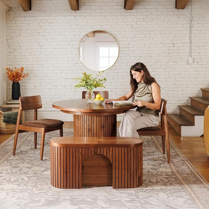 Transformer Table - Solid Wood Extendable Round Dining Table Set, Expandable Dining Table, Elegant and Functional Design, Perfect for Dining Room, Royal Brown (Table + Bench + 4 Chairs)