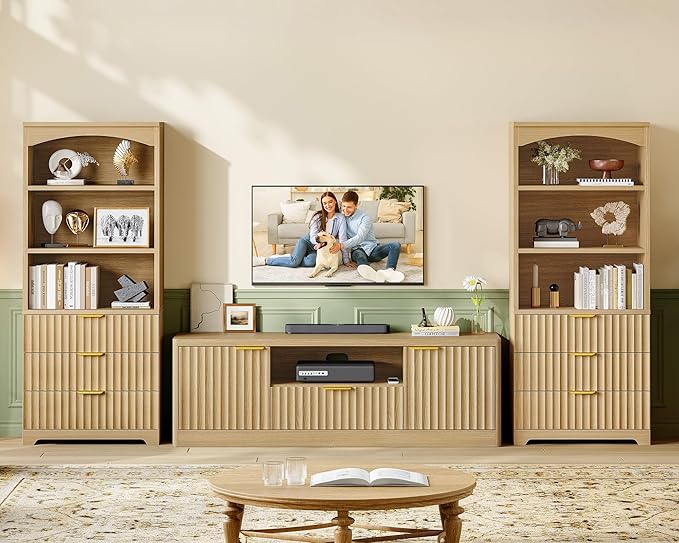 TEENFON 55" TV Stand for TVs Up to 60", Modern Fluted Entertainment Center with Drawer and Open Shelf, Media Console Table, TV Stands for Living Room, Nature Oak