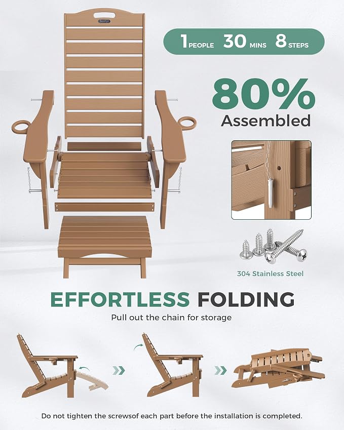 Adjustable Adirondack Chairs Set of 2 with Retractable Ottoman, HDPE Folding Adirondack Chair with Cup Holders, Weather Resistant for Backyard, Poolside & Fire Pit (Teak)