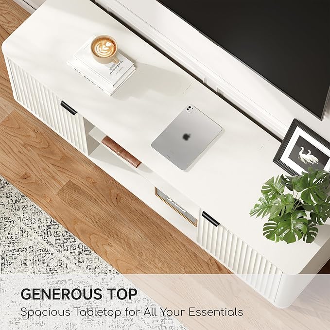 Fatmok TV Stand, 58" Modern Media TV Console Table with Storage for 55/60/65 inch TV, Mid Century Entertainment Center with Fluted Door Cabinets and Open Shelves TV Cabinet for Living Room, Bedroom