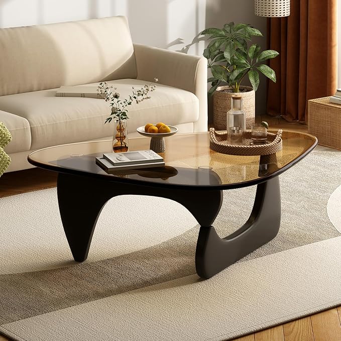 Coffee Table for Living Room Mid Century Modern Center Table with Glass Top and Wood, 36 Inch, Black Brown