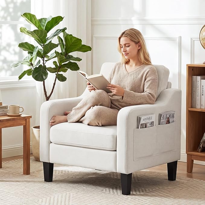 Accent Chair for Living Room, Mid-Century Upholstered Armchair with Foldable Table & 2 Side Pockets, Modern Linen Wooden Sofa Chair for Bedroom & Reading Room, Beige