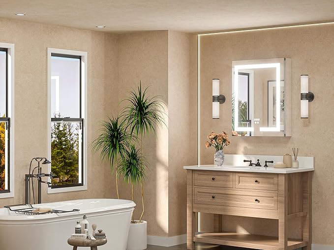 TETOTE LED Lighted Medicine Cabinet Mirror for Bathroom 20 x 26 Tempered Glass Recessed or Wall Mounted Cabinet with Storage & Outlets & USB, 3-Color Dimming Led Lights, Defogger, Adjustable Shelve