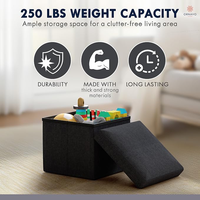 Ornavo Home Small Storage Ottoman Foldable Collapsible Cube Square Linen Ottoman Foot Rest Stool Seat, for Living Room, Bedroom, Home Office, Dorm - 12 x 12 x 12, Black