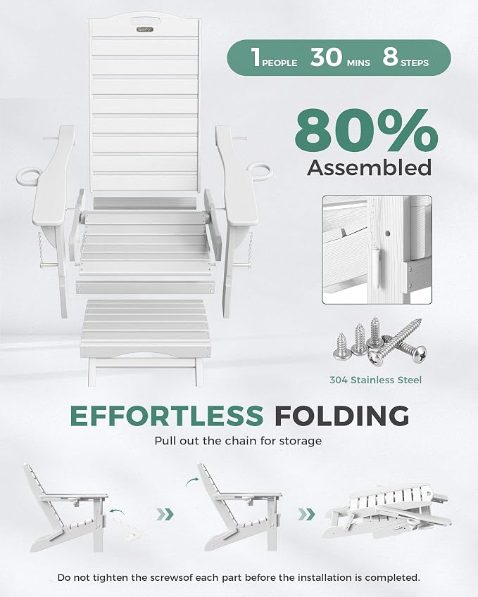 Adjustable Adirondack Chairs Set of 6 with Retractable Ottoman, HDPE Folding Adirondack Chair with Cup Holders, Weather Resistant for Backyard, Poolside & Fire Pit (White)