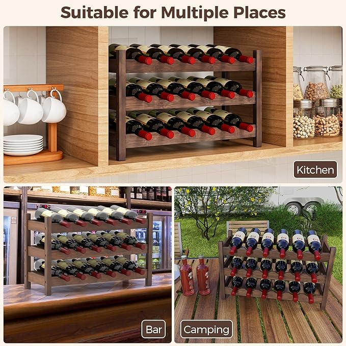 COSTWAY 3-Tier Bamboo Wine Rack, 18-Bottle Tabletop Wine Holder with Wave Slot, Freestanding Countertop Wine Bottle Organizer for Kitchen, Pantry, Pub & Wine Cellar, Brown (24.5L x 9.5W x 15H)