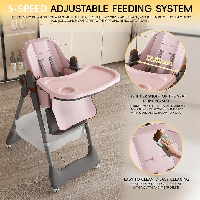 Foldable Baby High Chair with 150° Swing & Recline,Convertible High Chairs for Babies and Toddlers,5 Height Levels,3 Backrest & Footrest Positions,Removable Double Tray,Lockable Wheels (Pink)