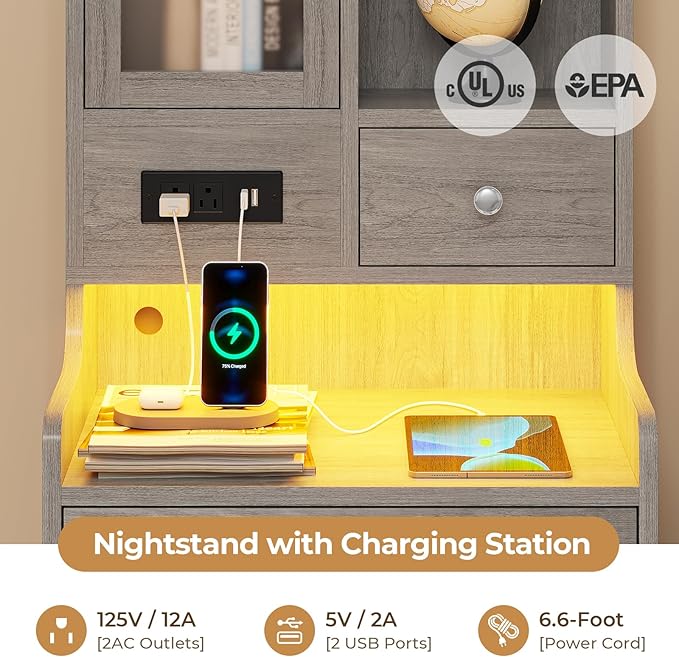 ADORNEVE Grey Nightstand Set of 2 with Charging Station,49.2" LED Night Stand for Bedroom,Tall Bedside Table with Bookshelf and Drawers,Side Tables Bedroom