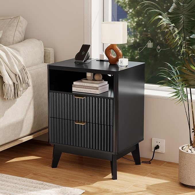 LYNCOHOME Fluted Nightstand with Charging Station, 19.7 inch Wide End Table with 2 Drawers, Modern Wood Bedside Table for Bedroom, Night Stand Set of 2, Black