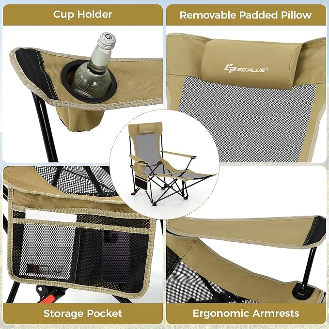 Goplus Camping Lounge Chair w/Detachable Footrest, Folding Beach Chair w/4-position Backrest, Carrying Bag, Removable Pillow, Cup Holder, Storage Pouch, Reclining Chair, 330LBS Capacity (Green,2)