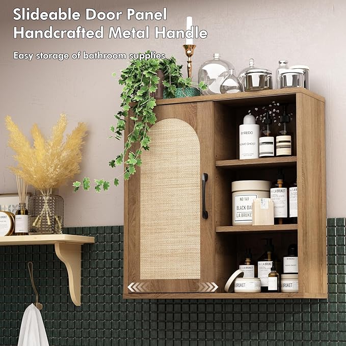 RUSTOWN Boho Rattan Wall Cabinet, Mid Century Bathroom Cabinet with Sliding Door, Adjustable Shelves, Over The Toilet Storage Cabinet (Rustic Oak)