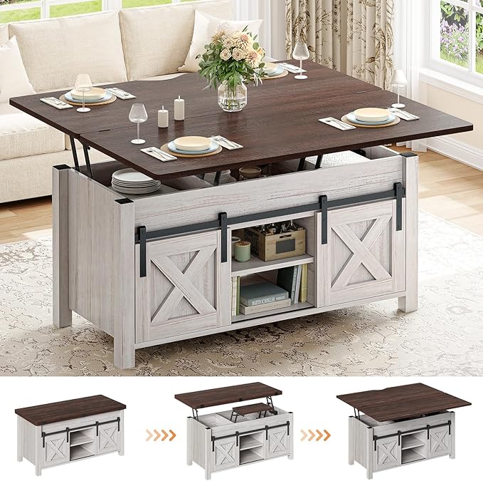SEDETA Lift Top Coffee Table, 4 in 1 Multi-Function Convertible Coffee Tables with Storage and Hidden Compartment, Farmhouse Coffee Table Converts to Dining Table for Living Room, Vintage White