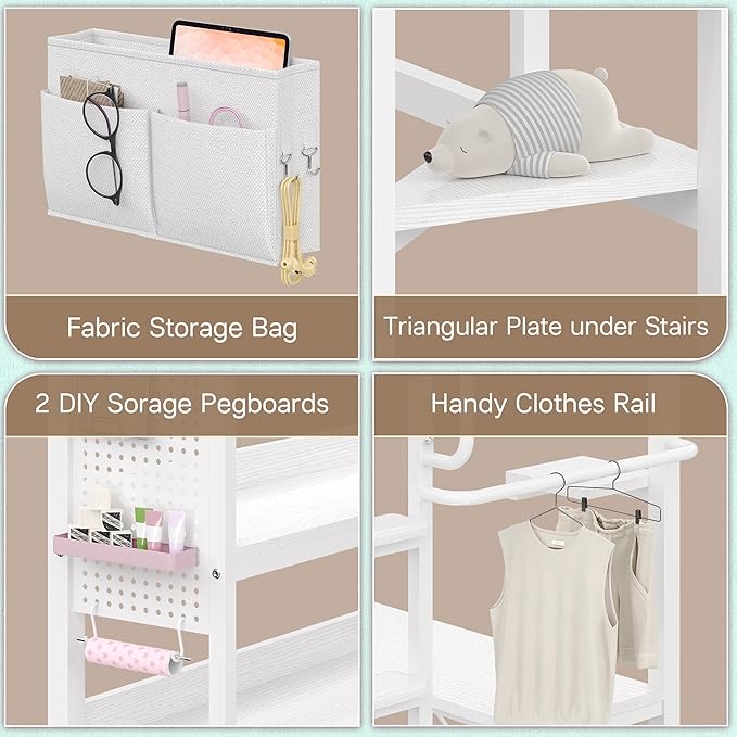 BYSAUD Twin Loft Bed with Desk and Storage, Metal Bunk Bed with 5 Drawers and 2 Pegboards, Heavy Duty Loft Bed Twin Size with LED Lights and Charging Station for Teens Adults, Noise Free, White