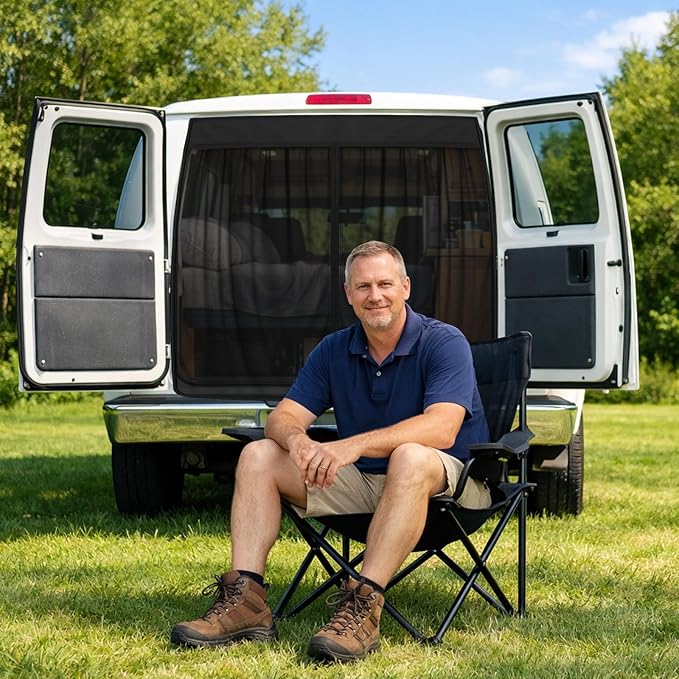 Magnetic Van Screen for Ford Econoline/Ford E-Series E-150 E-250 E-350 E450 1992-2005 - Mosquito Net with Zipper for Back Door - 60" H x 63" W