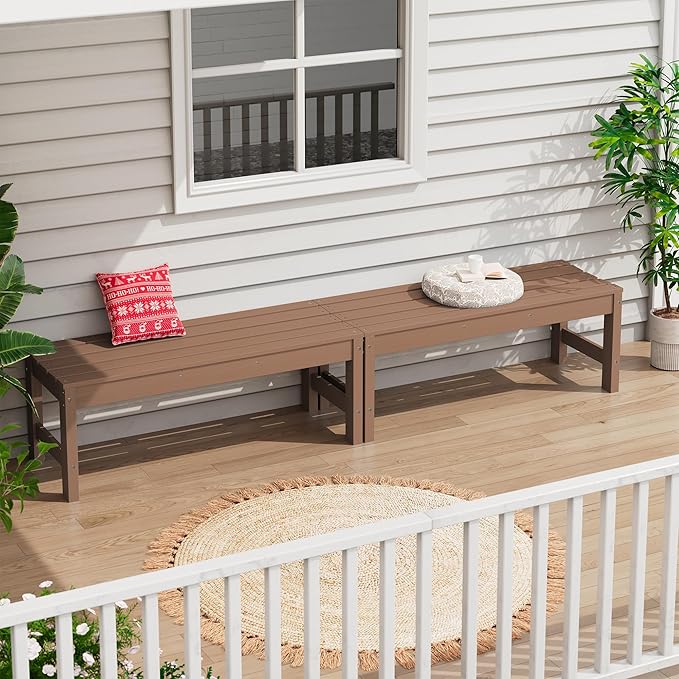 SERWALL 47 Inches Outdoor Bench Set of 2, All Weather HDPE Backless Bench with Wood Grain Texture for Garden Porch and Park, Curved Bench Seat for Comfort, Brown