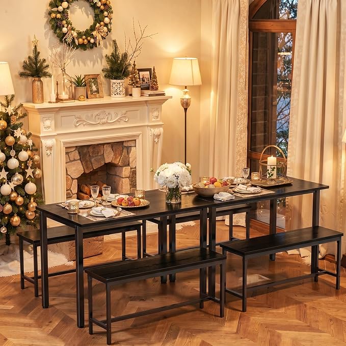 Dining Table Set for 4, Kitchen Table with 2 Benchs, Space Saving Dining Room Table Set for 4 Person, 3 Piece Office Table Set for Small Space, Breakfast Nook, Office, Apartment, Black