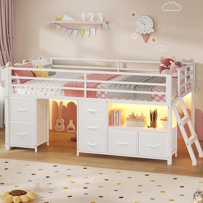 ADORNEVE Low Loft Bed Twin Size with 7 Storage Drawers, Bookcase and LED Lights, Metal Kids Loft Bed with 14" H Safety Guardrail,Inclined Ladder and Play Curtain, Under-Bed Play Space, White