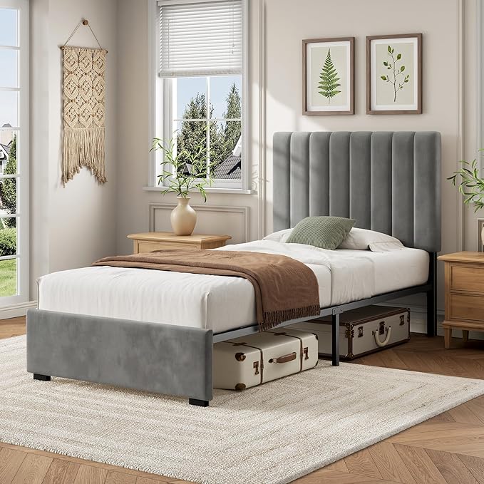 Welzona Kids Twin Upholstered Bed Frame with Headboard, Velvet Upholstered Metal Platform Bed Frame with Vertical Tufted Headboard, 3-Level Height, Metal Slat Support, Noise-Free Easy Assembly, Grey