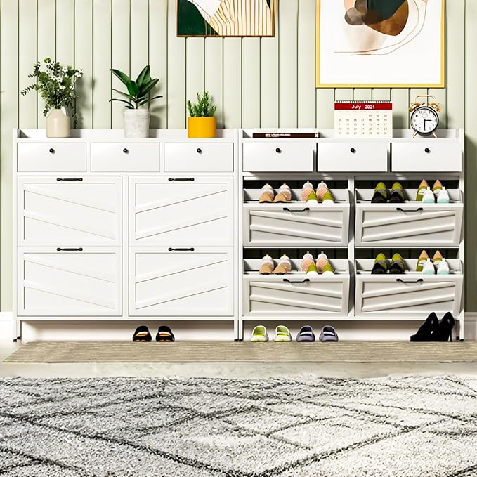 Metal Shoe Storage Cabinet for Entryway,White Shoe Cabinet with 4 Flip Drawers & 3 Top Drawers Hidden Slim Shoe Organizer Rack Freestanding Steel Entrance Shoe Cabinet with Legs for Hallway Front Door